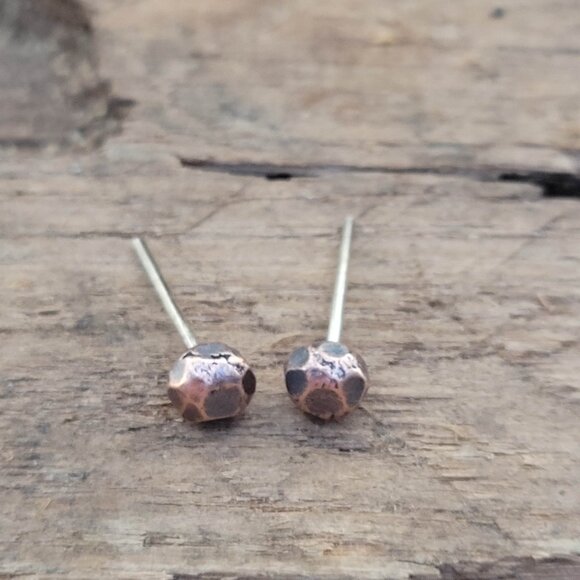 Chunky Copper Stud Earrings, Faceted, Metalwork Jewelry, Handcrafted, Rustic - Picture 4 of 8
